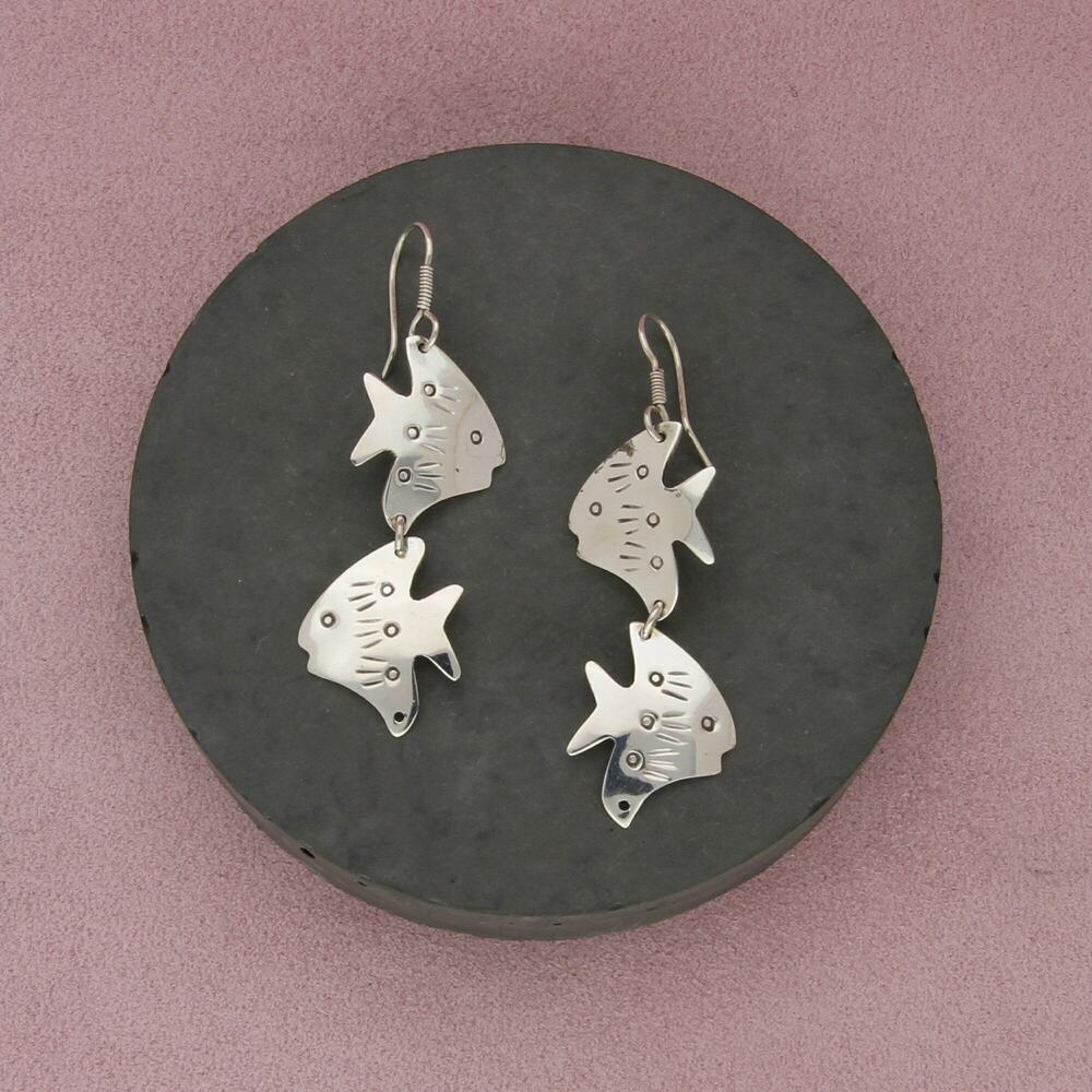 taxco mexico sterling silver vintage fish dangle earrings